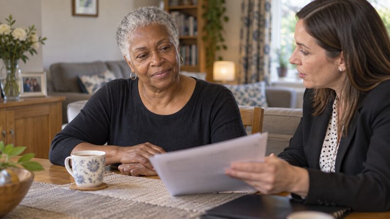 A woman sits at her dining table with a solicitor and paperwork.