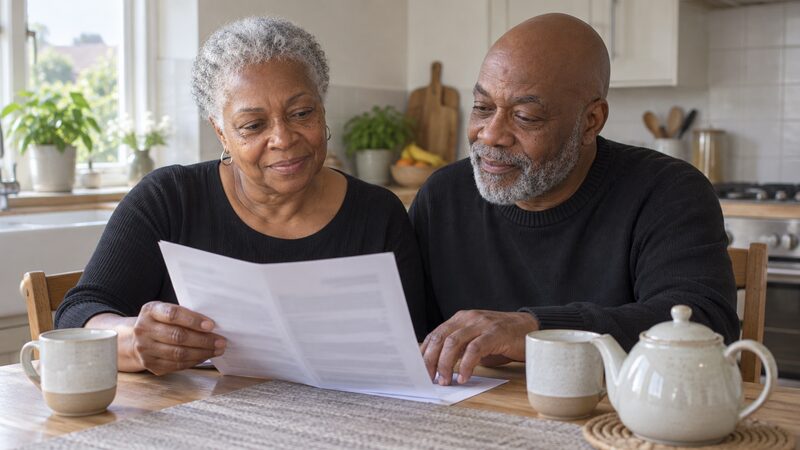 An older couple sit at a kitchen table with a document and teapot.