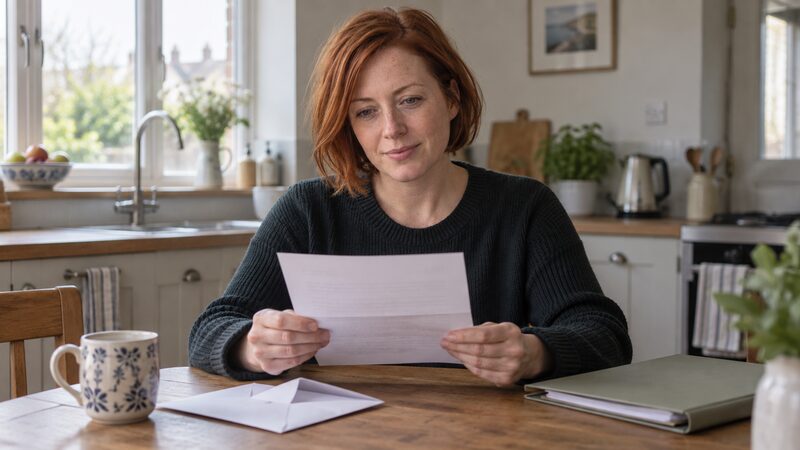 A woman sits alone at a kitchen table reading a letter from an envelope.