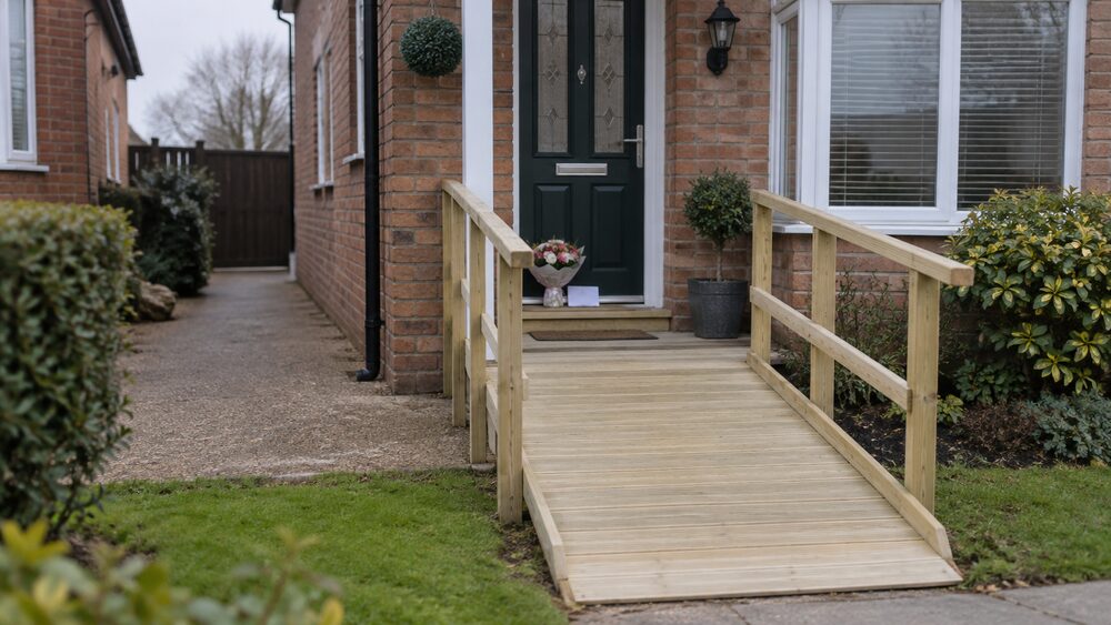 A wheelchair ramp leads to a house door with flowers and an unopened letter on the step.