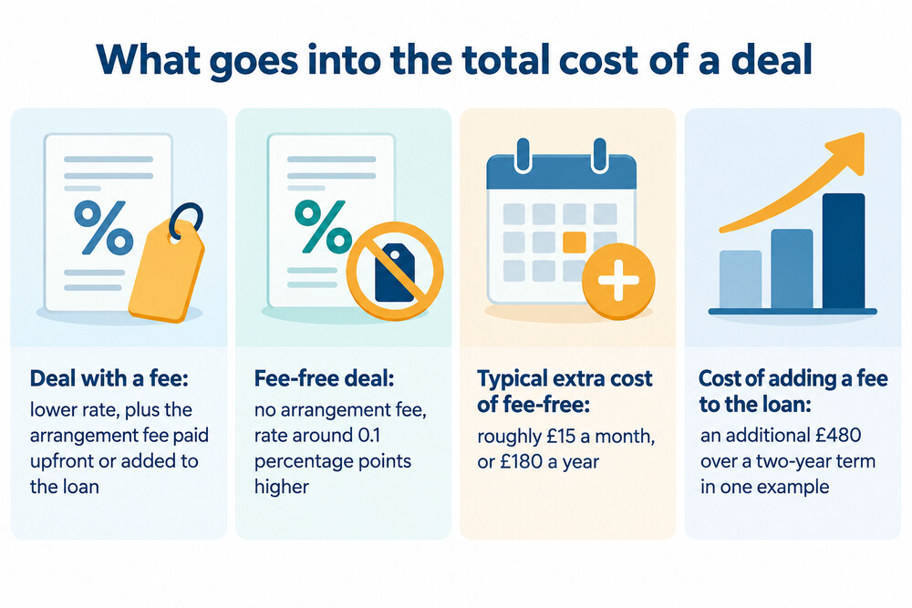 A diagram showing total cost over a two-year deal for a low rate with a large fee against a higher rate with no fee