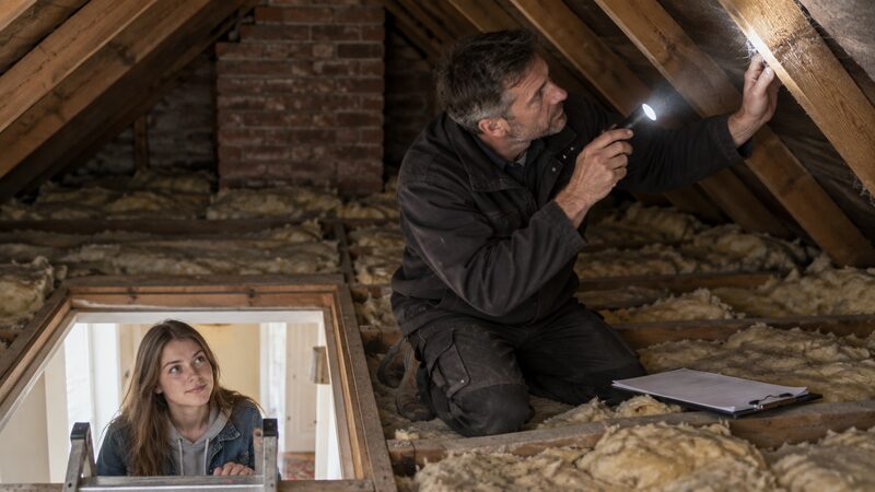 A surveyor inspects a loft with a torch while a young woman watches from a ladder.