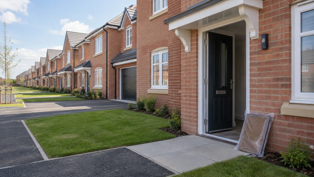 Rows of new-build houses with fresh lawns and an open front door on a bright morning.