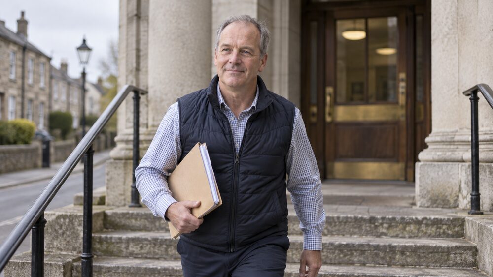 A man carrying a folder of documents walks up the steps of a small court building.