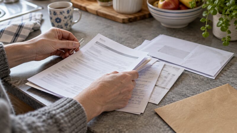 Hands square up a stack of documents on a kitchen worktop with an envelope.