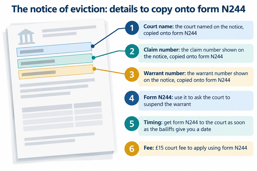 A notice of eviction showing the court name, claim number and warrant number a reader needs to copy onto form N244