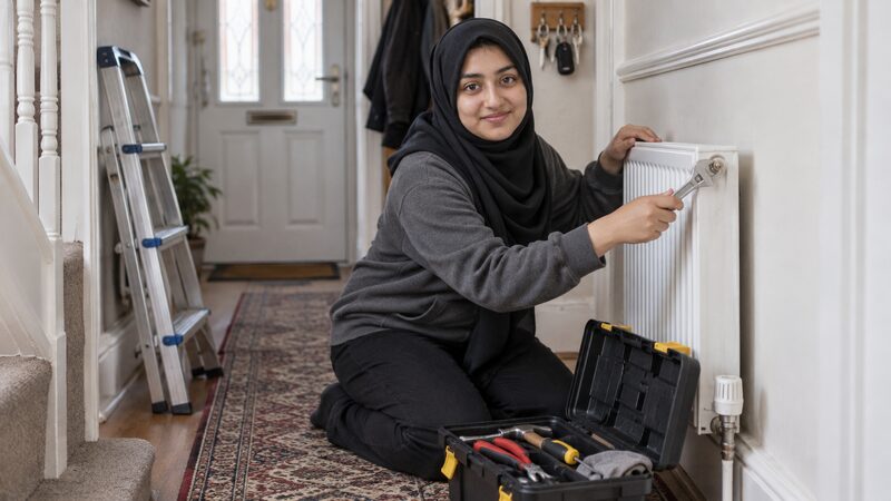 A young woman kneels in a hallway fixing a radiator with a toolbox nearby.
