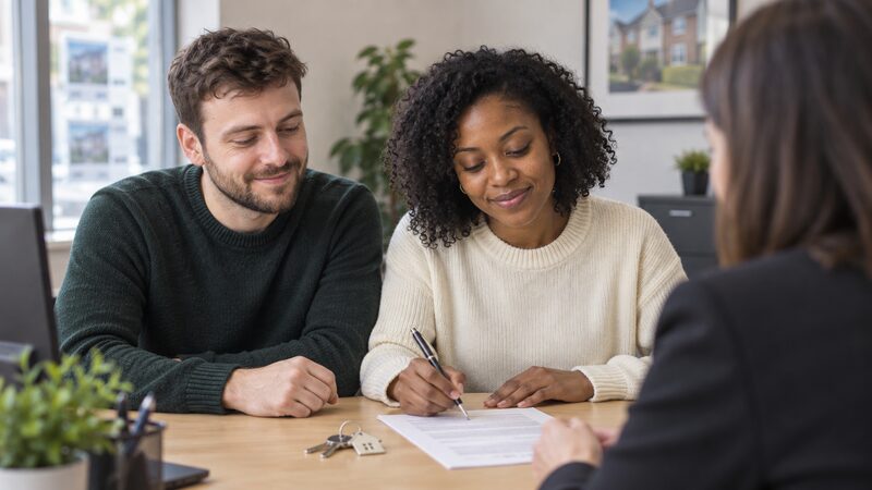 A couple sit with an adviser at a desk, signing a document with keys on the table.