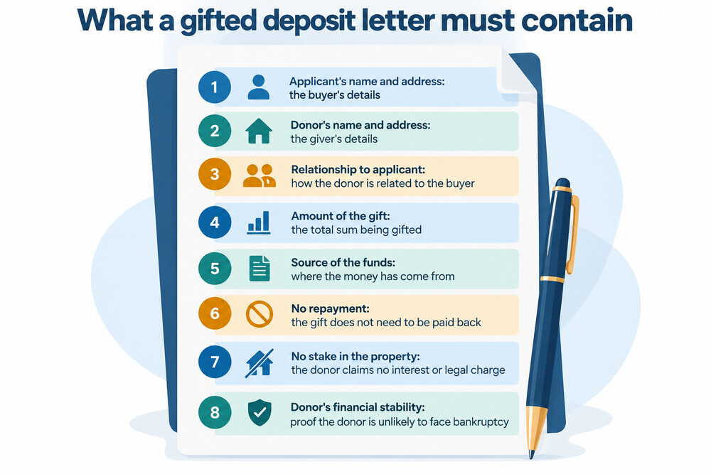 A signed gifted deposit letter on a kitchen table beside a mortgage application form