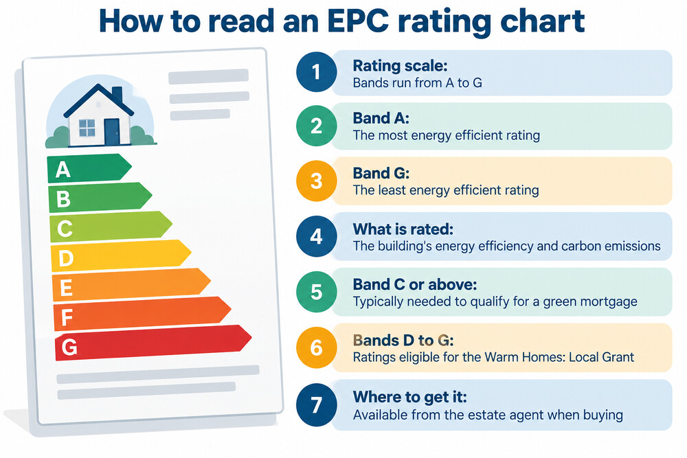 A colour chart of the EPC bands from A to G, showing the most efficient bands in green at the top and the least efficient in red at the bottom