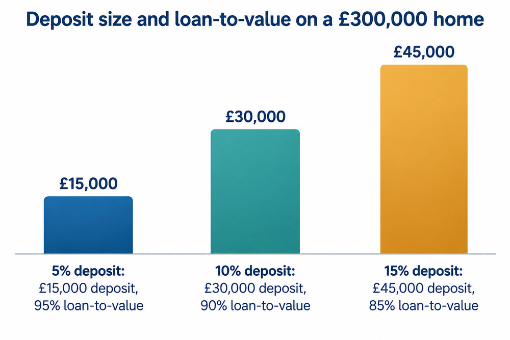 A table showing how the deposit percentage changes the loan-to-value ratio on a £300,000 home