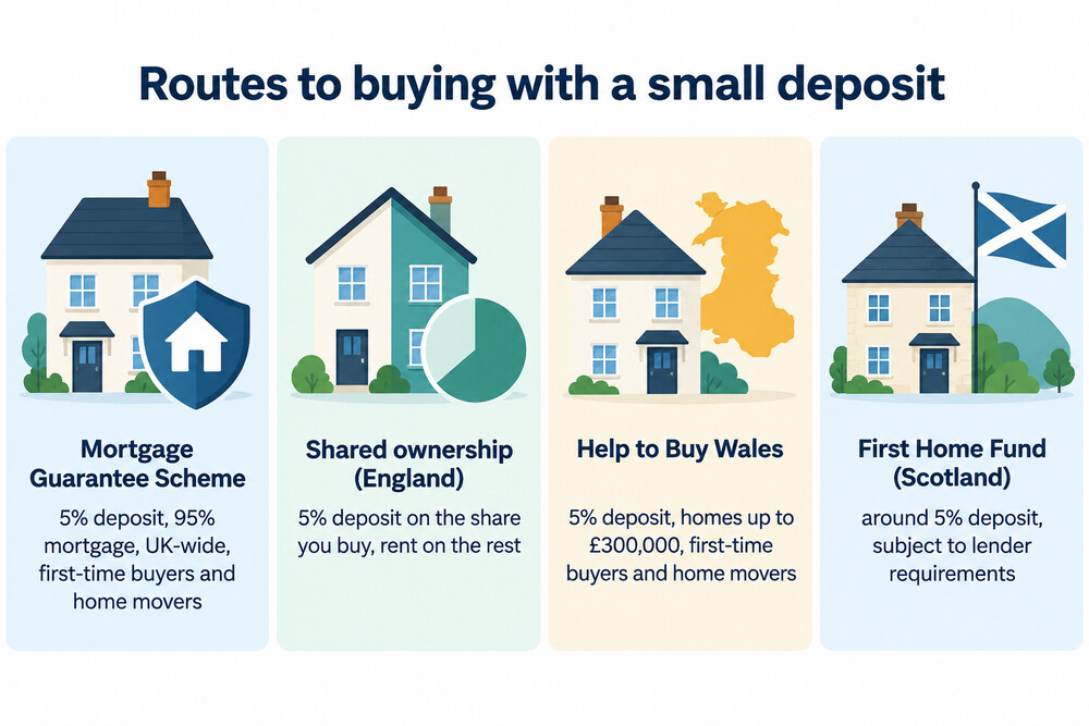 A comparison of the main 5% deposit routes: the Mortgage Guarantee Scheme, shared ownership, Help to Buy Wales and the Scottish First Home Fund