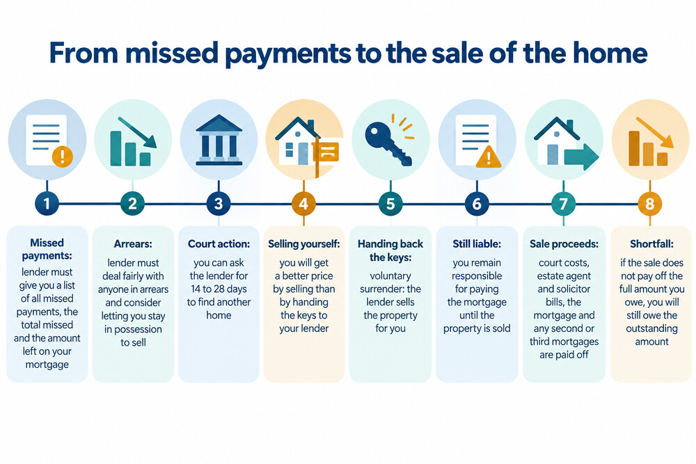 A timeline showing the stages from missed payments to the lender selling the home