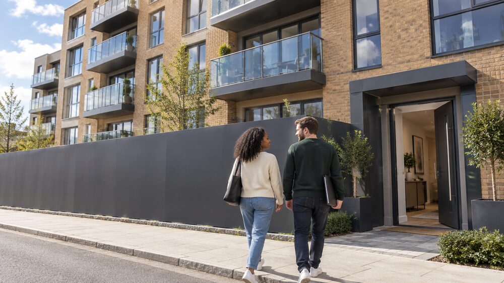 A modern block of new-build flats with a couple walking towards the open show home.