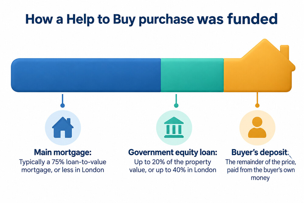 A diagram showing how the purchase price of a Help to Buy home is split between the buyer's deposit, the mortgage and the government equity loan