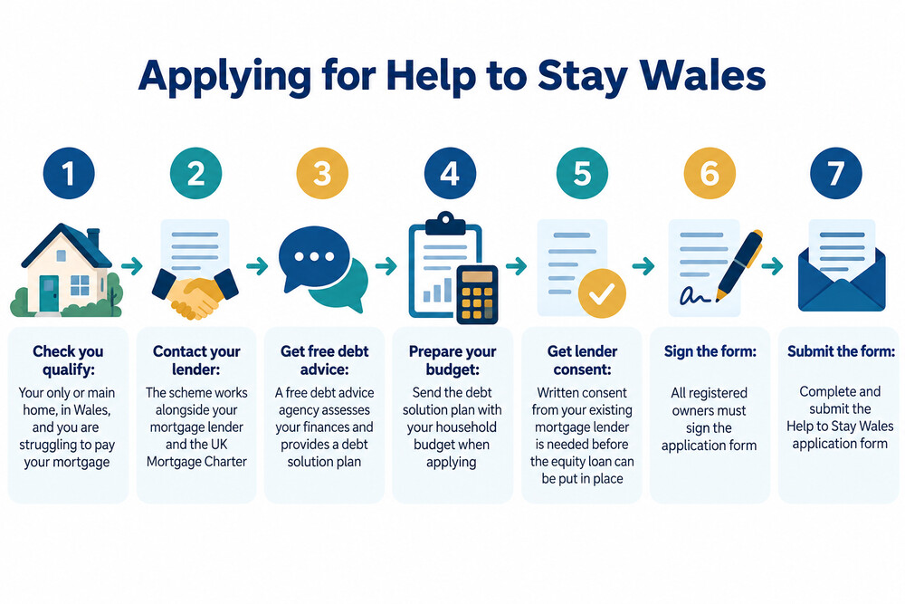 A flow diagram of the Help to Stay Wales application steps