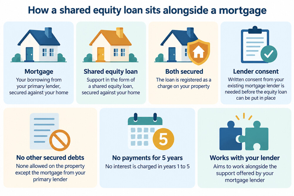 A simple diagram showing how a shared equity loan sits alongside a mortgage on a home