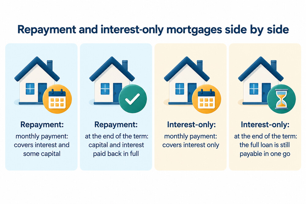Diagram contrasting a repayment mortgage balance falling to zero over the term with an interest-only balance staying flat until a lump sum is repaid