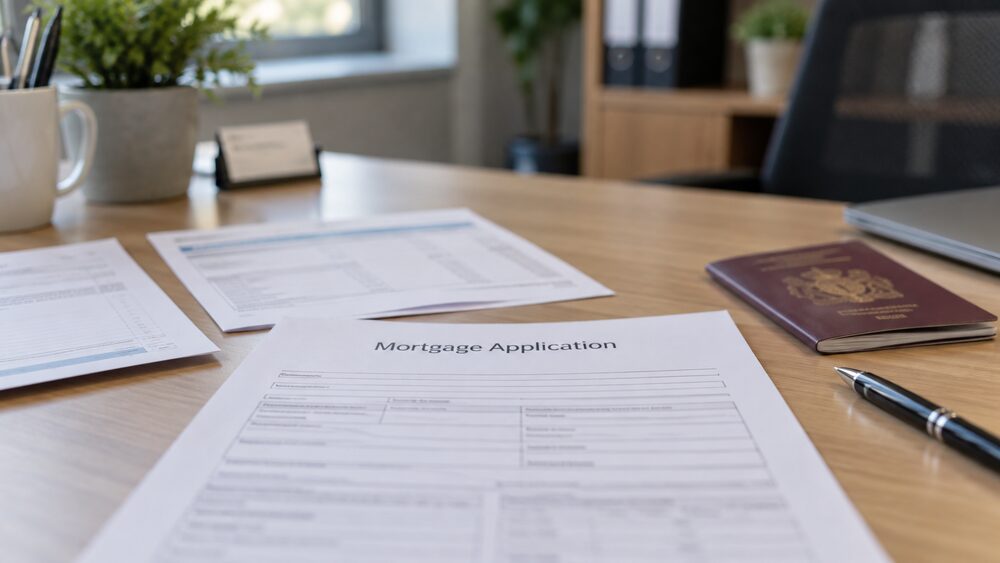 Hands sort documents including a passport and licence on a hallway table.