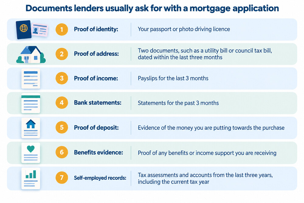 A checklist of the documents a lender asks for, including passport or driving licence, proof of address, payslips and bank statements