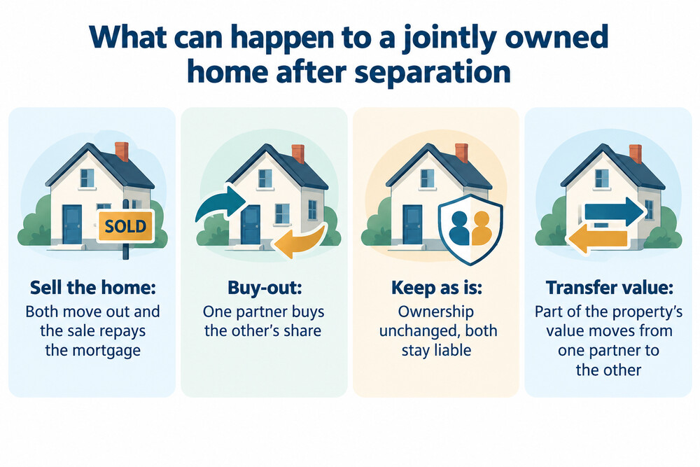 The four choices for a jointly owned home after separation, from selling to one person staying