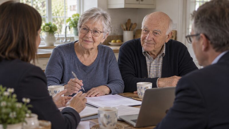 A meeting between an older homeowner and a financial adviser discussing equity release paperwork