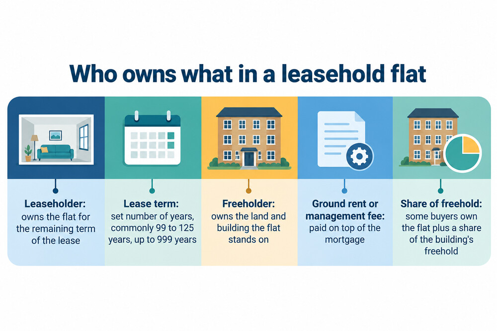 A block of flats with the freehold shown as the land and building, and one flat shown as the leasehold interest