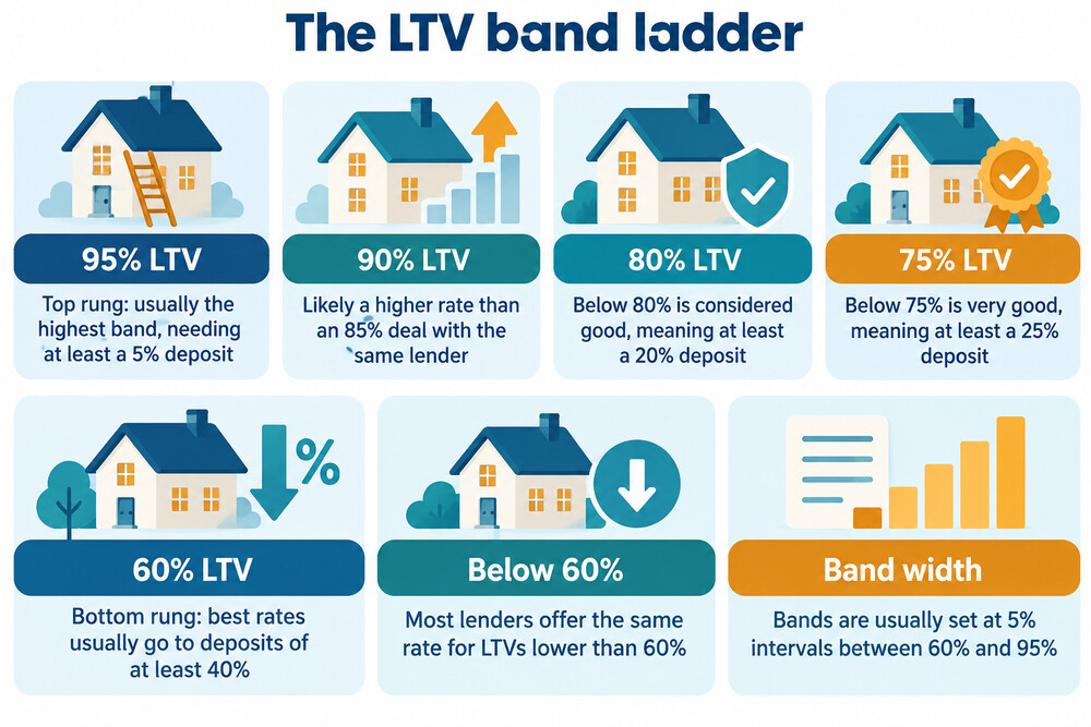 A ladder or staircase graphic showing mortgage LTV bands stepping down from 95% to 60%, with the deposit size growing as the LTV falls