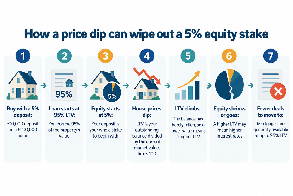 A timeline graphic showing a property's value falling below the mortgage balance, moving a borrower from 95% LTV into negative equity