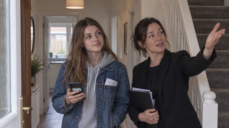 A young woman stands in a hallway with an adviser gesturing to stairs.