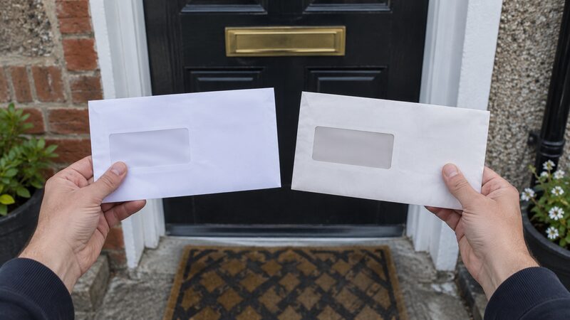 Hands hold two envelopes side by side at a front door.