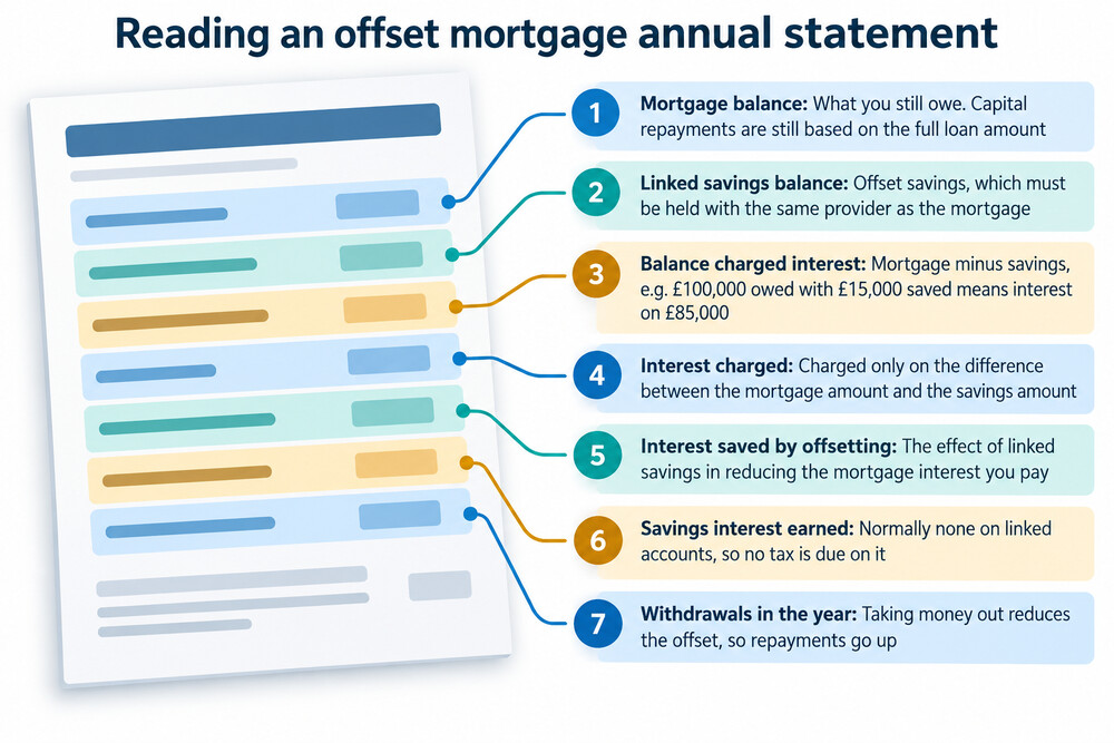 A mortgage annual statement showing the linked savings balance and the interest charged on the net difference