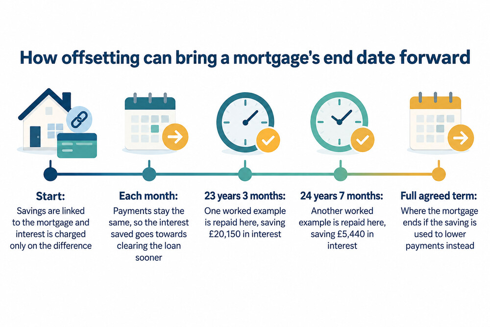 A timeline showing how keeping monthly payments unchanged clears an offset mortgage years earlier