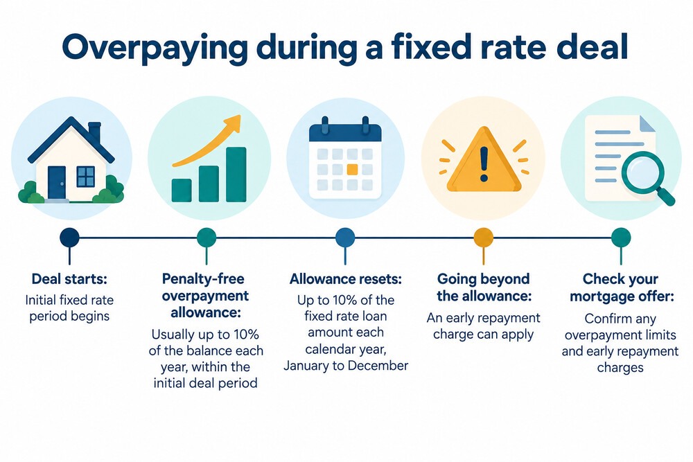 A timeline showing a fixed rate deal period, the penalty-free overpayment allowance within it, and the point at which an early repayment charge can apply