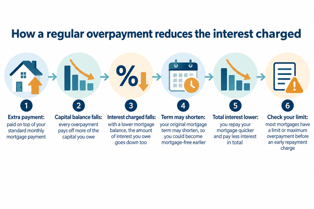 A simple diagram showing an extra payment going into a mortgage balance and reducing the interest charged