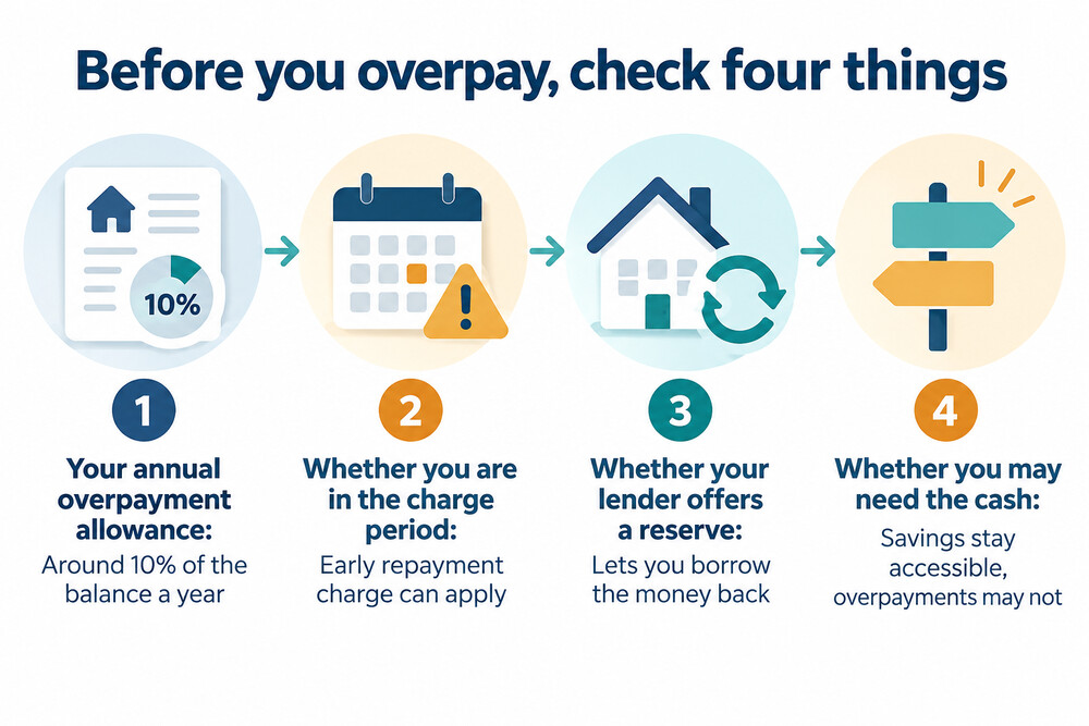 A flow diagram showing the checks to make before overpaying: allowance, charge period, reserve terms, and whether the money may be needed