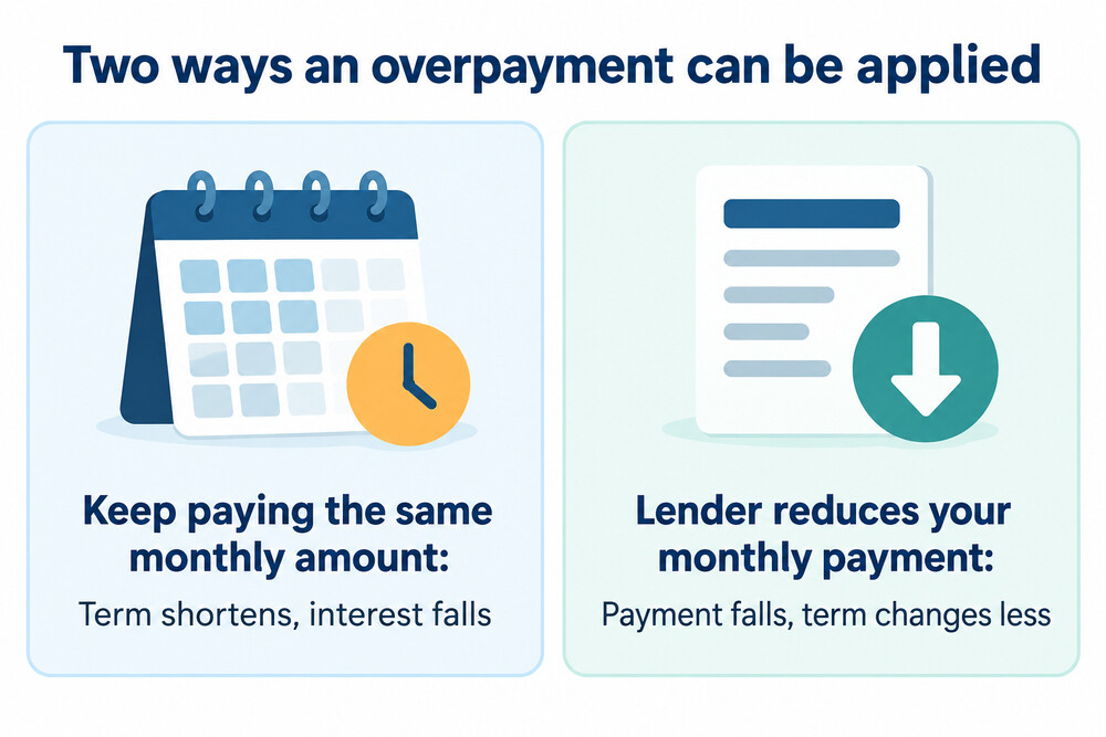 A side-by-side comparison of two ways an overpayment can be applied: keeping the payment the same and shortening the term, or reducing the monthly payment