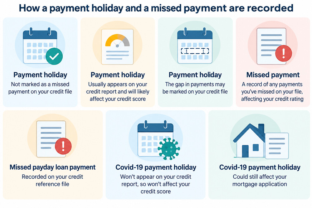 A credit report page showing a payment holiday entry alongside a missed payment entry
