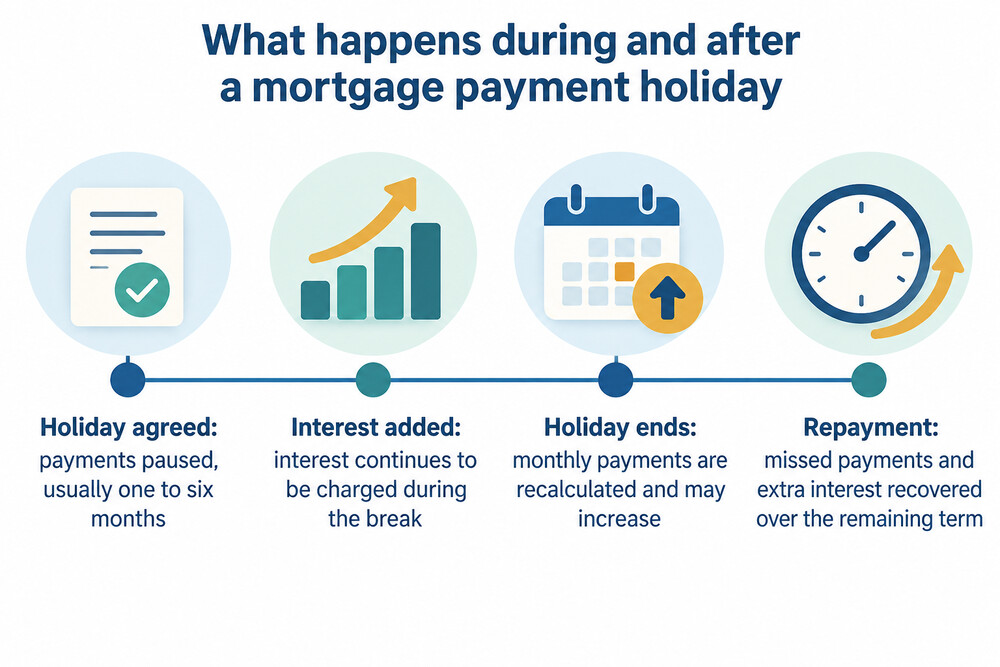 A timeline showing a payment holiday, the interest added during it, and the recalculated payment afterwards