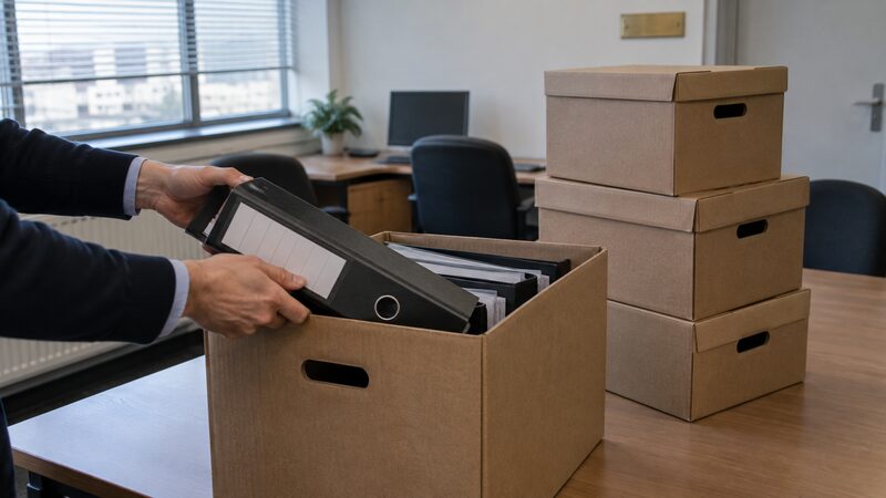 Hands pack mortgage files into a cardboard archive box in a bare office.