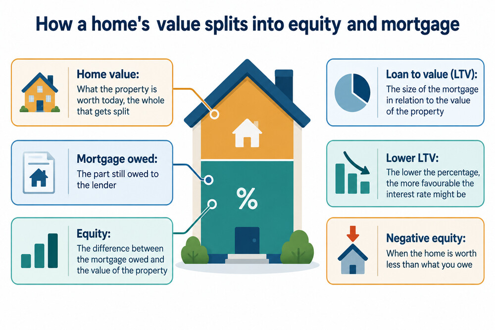 A bar showing how a home's value splits between the mortgage owed and the owner's equity
