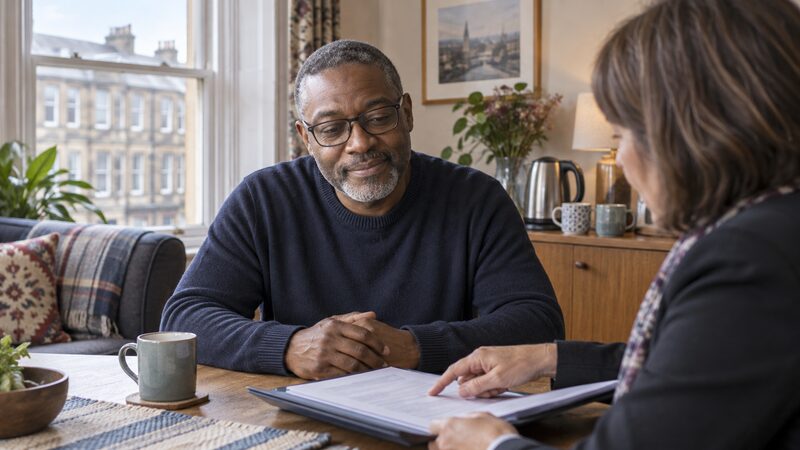 A person sitting with an adviser reviewing paperwork for a Mortgage to Rent application