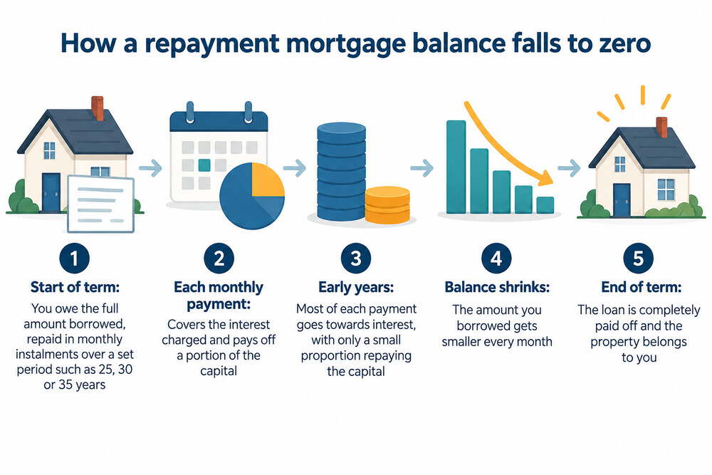 A line chart showing a mortgage balance falling slowly at first and faster in later years, with the interest and capital portions of each monthly payment labelled