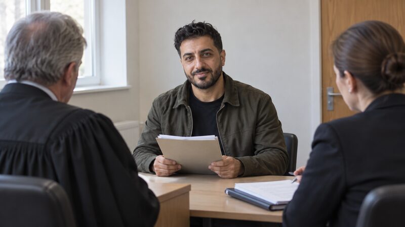 A man sits at a table facing a judge and a lender's representative.