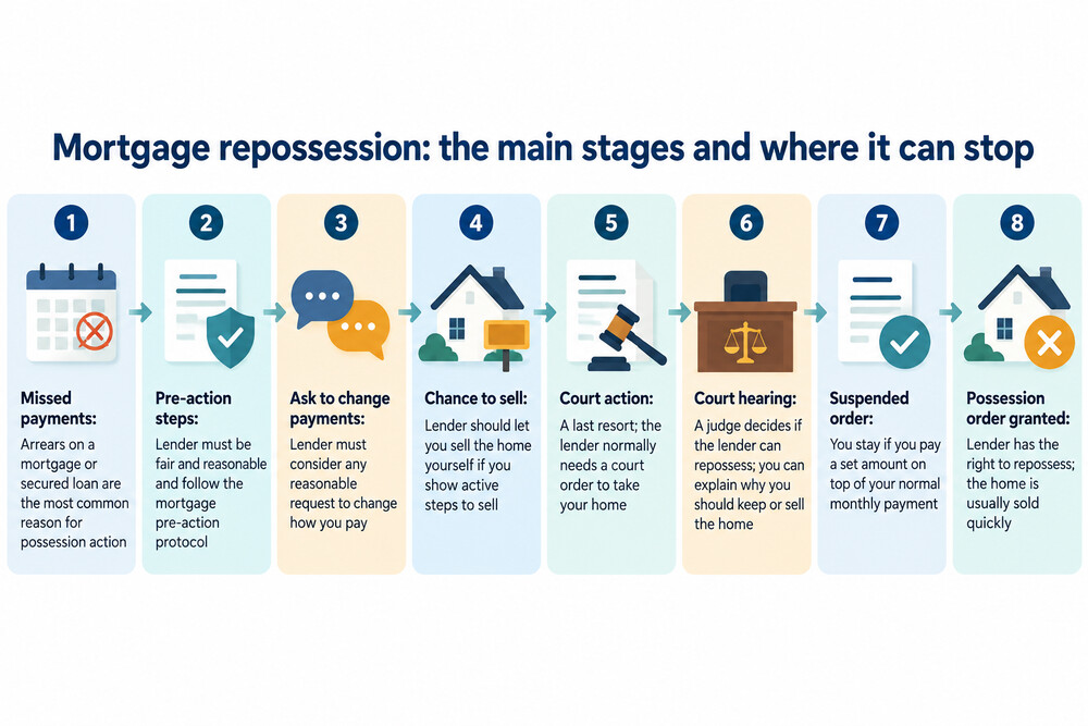 A simple flowchart of the repossession process in England and Wales, from missed payments through to court, possession order and eviction
