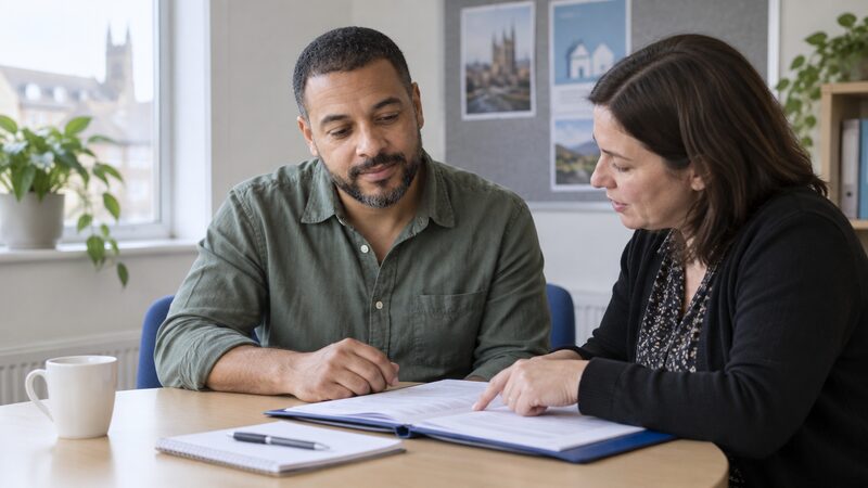 A man sits with an adviser reviewing court papers at a small table.