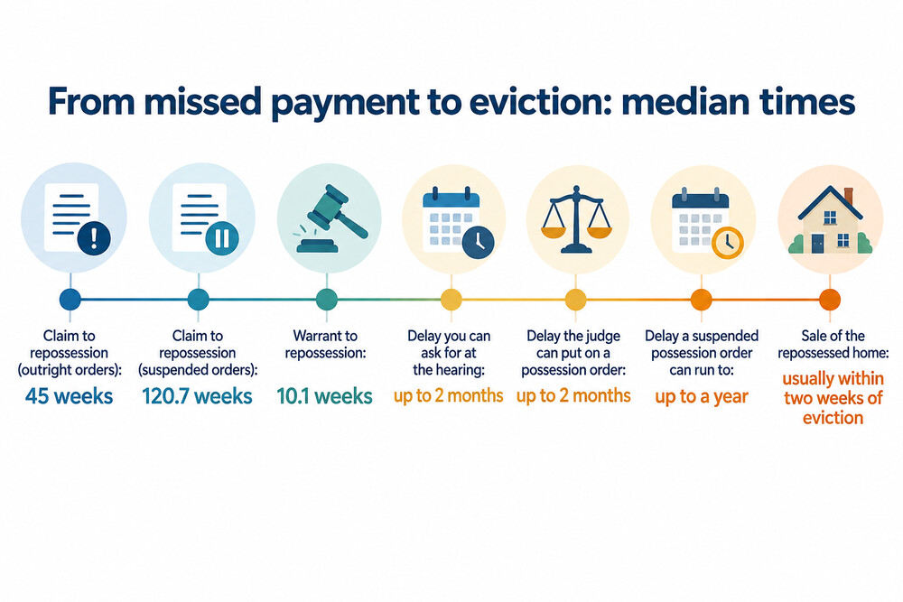 A timeline showing the stages from first missed payment to eviction, with the median weeks at each stage