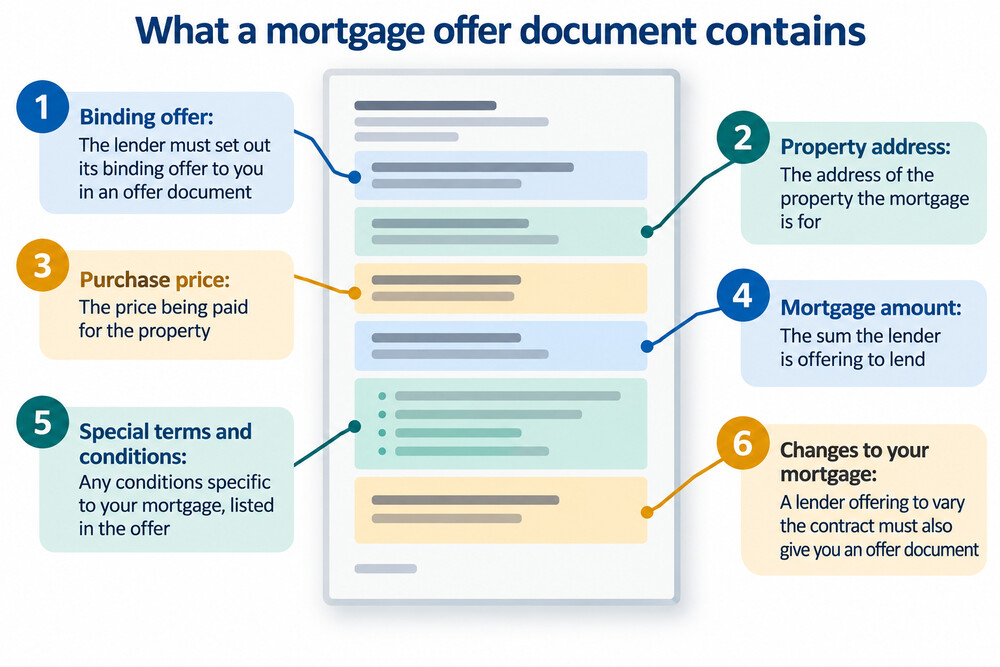 A mortgage offer document open on a table, with key sections such as the interest rate, term and complaint details highlighted