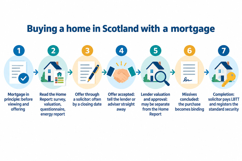 Flow of a Scottish home purchase from Home Report to completion