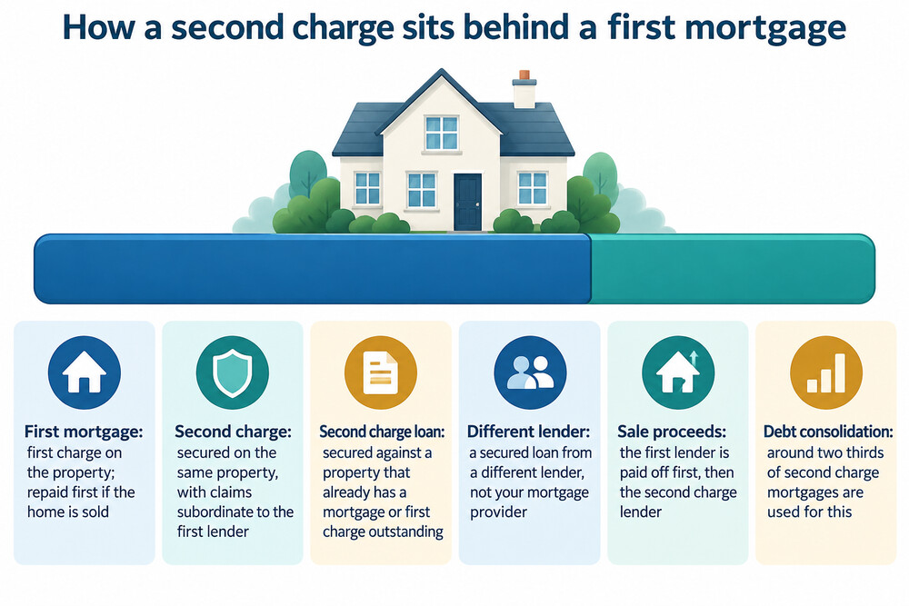 A diagram showing a first mortgage and a second charge on the same property, with the first lender paid first on a sale